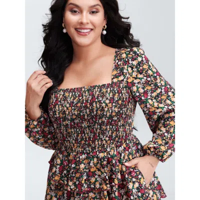 Bloomchic Women's Plus Size Floral Shirred Layered Skirt Mini Dress Black Ditsy Floral Midi Elegant Smocked 10
