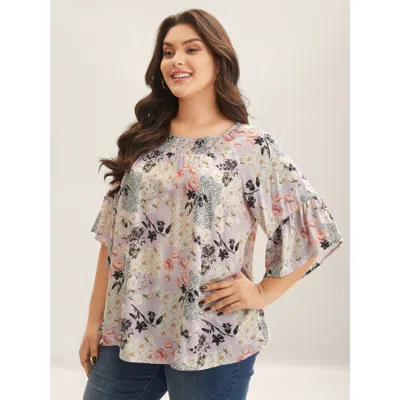 Bloomchic Women's Plus Size Floral Shirred Neck Flowy Blouse Multicolor Floral Elegant 3/4 Sleeve 12/l