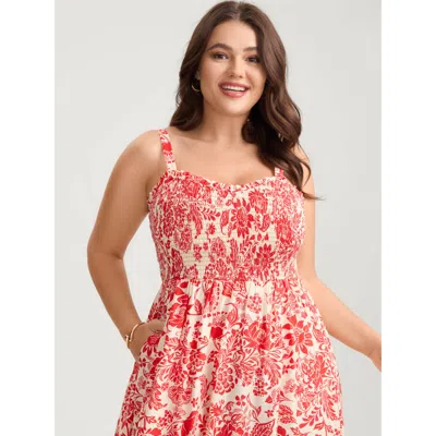 Bloomchic Women's Plus Size Floral Shirred Ruffled Cami Maxi Dress Crimson Floral Midi Elegant Smocked 30/6x In Red