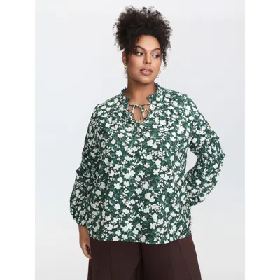 Bloomchic Women's Plus Size Floral Shirred Sleeve Drawstring Neckline Blouse Cyan Ditsy Floral Elegant Long Sl In Blue