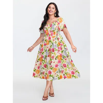 Bloomchic Women's Plus Size Floral Shirred Square Neck Pocket Midi Dress Multicolor Floral Midi Elegant Smocke