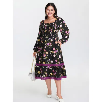 Bloomchic Women's Plus Size Floral Shirred Stretchy Waist Midi Dress Black Floral Midi Elegant Smocked 30/6x
