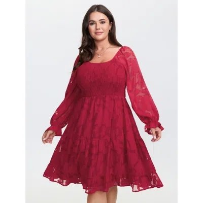 Bloomchic Women's Plus Size Floral Shirred Stretchy Waist Pockets Midi Dress Brightred Solid Mini Elegant Smoc