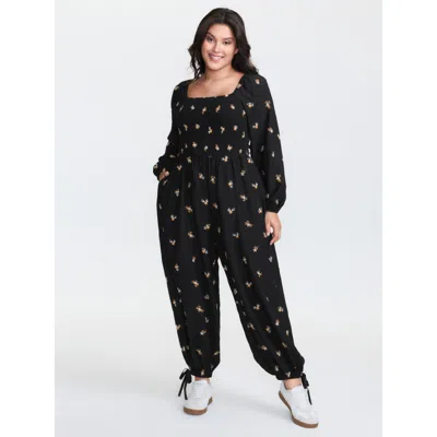 Bloomchic Women's Plus Size Floral Shirred Tie Square Neck Jumpsuit Darkblue Casual 30/6x In Blue