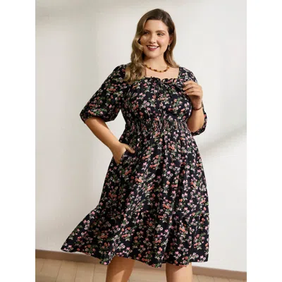 Bloomchic Women's Plus Size Floral Shirred Waist Neck-tie Midi Dress Black Ditsy Floral Midi Elegant Tie Knot 
