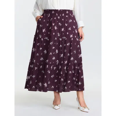 Bloomchic Women's Plus Size Floral Shirred Waist Tiered Maxi Skirt Burgundy Smocked Tiered Elegant 12/l