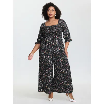 Bloomchic Women's Plus Size Floral Shirred Waist-defining Jumpsuit Black Elegant Relaxed Fit 28/5x