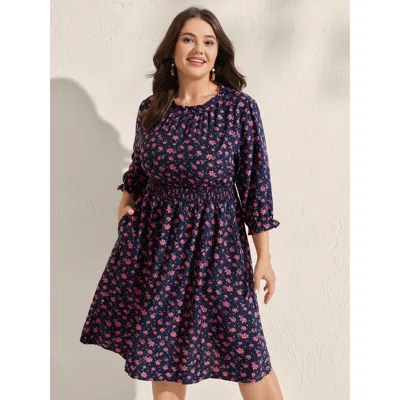 Bloomchic Women's Plus Size Floral Shirred Waist-defining Pockets Midi Dress Darkblue Floral Midi Elegant Elas In Blue