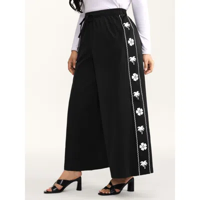 Bloomchic Women's Plus Size Floral Side Drawstring Wide-leg Pants Black Floral Wide Leg Mid Rise Elegant 12/l