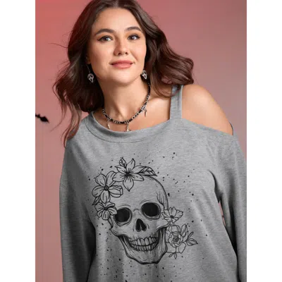 Bloomchic Women's Plus Size Floral Skull Print One-shoulder Sweatshirt Mediumgray Graphic-halloween Casual 10/