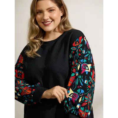 Bloomchic Women's Plus Size Floral Sleeve Drop Shoulder Textured Sweatshirt Black Casual 12/l