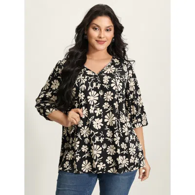 Bloomchic Women's Plus Size Floral Sleeve Neck-tie A-line Blouse Black Floral Office 3/4 Sleeve 10/m