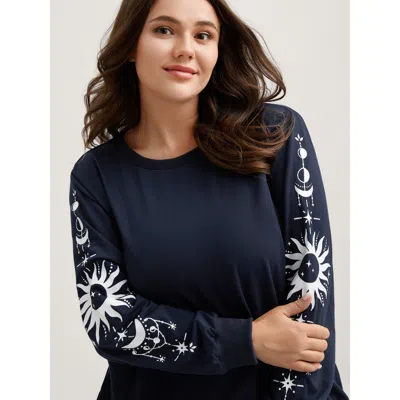 Bloomchic Women's Plus Size Floral Sleeve Print Contrast Sweatshirt Indigo Not Graphics Casual Round Neck 10/m In Purple