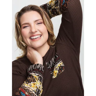 Bloomchic Women's Plus Size Floral Spliced Knit Textured T-shirt Darkbrown Geometric Casual Long Sleeve 12/l In Brown