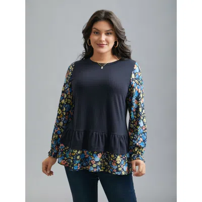 Bloomchic Women's Plus Size Floral Spliced Tiered Hem T-shirt Indigo Floral Everyday Extra Long Sleeve 10/m In Purple