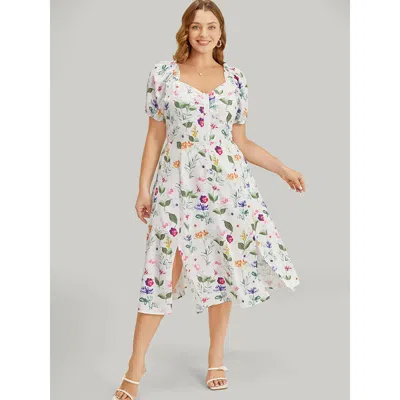 Bloomchic Women's Plus Size Floral Split Hem Button Detail Pocket Ruched Puff Sleeve Dress Multicolor Dailywea