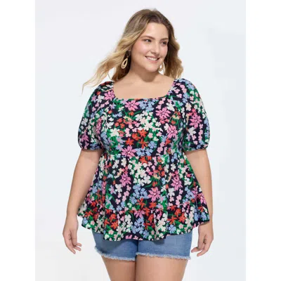 Bloomchic Women's Plus Size Floral Square Neck Fit And Flare Blouse Lightblue Vacation Short Sleeve Square Nec In Blue