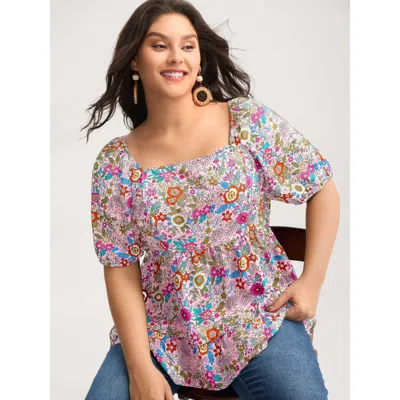 Bloomchic Women's Plus Size Floral Square Neck Fit And Flare Blouse Nudepink Vacation Short Sleeve Square Neck