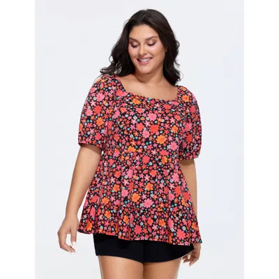 Bloomchic Women's Plus Size Floral Square Neck Fit And Flare Blouse Rosered Vacation Short Sleeve Square Neck 