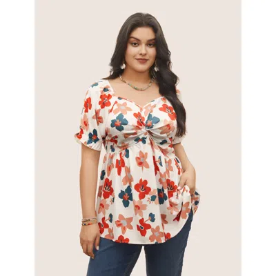 Bloomchic Women's Plus Size Floral Square Neck Twist Front Elastic Waist Blouse Multicolor Floral Elegant Shor