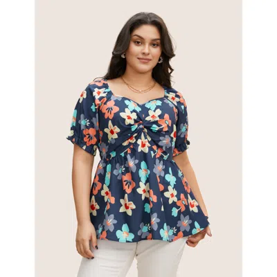 Bloomchic Women's Plus Size Floral Square Neck Twist Front Elastic Waist Blouse Navy Floral Elegant Short Slee In Blue