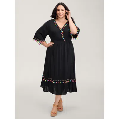 Bloomchic Women's Plus Size Floral Stretchy Embroidery Tassels Maxi Dress Black Non Midi Vacation 10/m