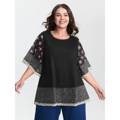 Bloomchic Women's Plus Size Floral Stretchy Flared Sleeve T-shirt Blackflower Ditsy Floral Casual Short Sleeve