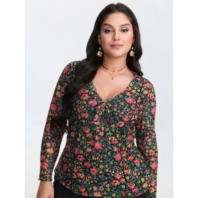 Bloomchic Women's Plus Size Floral Stretchy Mesh Front-tie Blouse Blackflower Floral Elegant Long Sleeve 30/6x