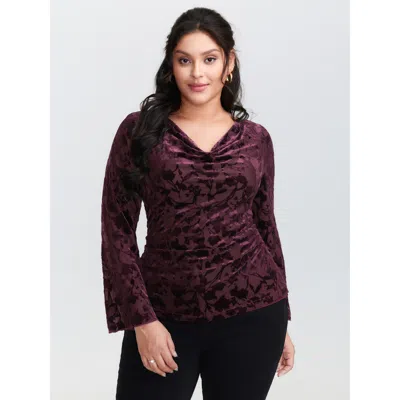 Bloomchic Women's Plus Size Floral Stretchy Sheer Mesh Cowl Neck Top Burgundy Extra Long Sleeve Elegant 22-24/