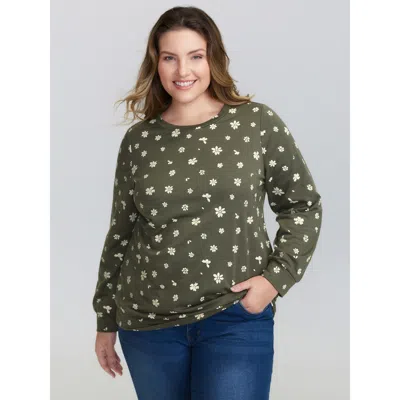 Bloomchic Women's Plus Size Floral Stretchy Textured Printed Sweatshirt Armygreen Casual 10/m