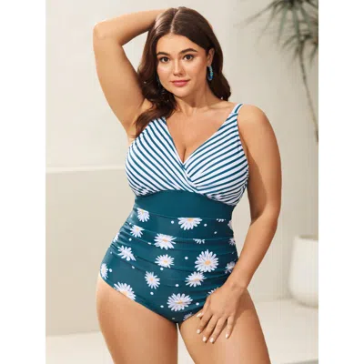 Bloomchic Women's Plus Size Floral Stripe Print Ruched One-piece Swimsuit Cyan Stripes Gathered Comfortable Wa In Blue