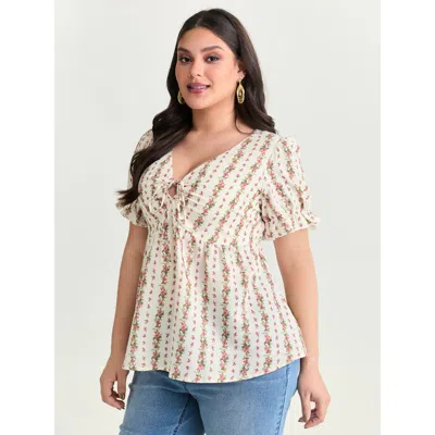 Bloomchic Women's Plus Size Floral Striped Adjustable Drawstring Blouse Beige Ditsy Floral Elegant Short Sleev In Sand