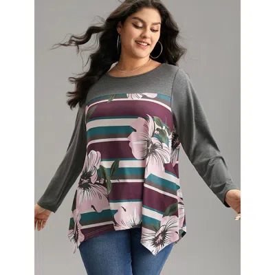 Bloomchic Women's Plus Size Floral Striped Patchwork Hanky Hem T-shirt Dimgray Long Sleeve Dailywear 12/l