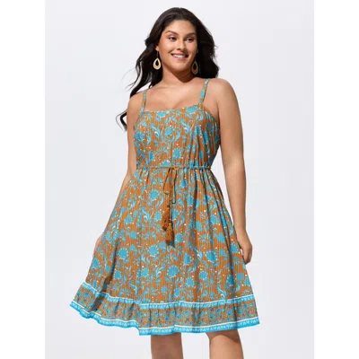Bloomchic Women's Plus Size Floral Striped Print Button Detail Mini Dress Cerulean Floral Knee Length Vacation In Blue