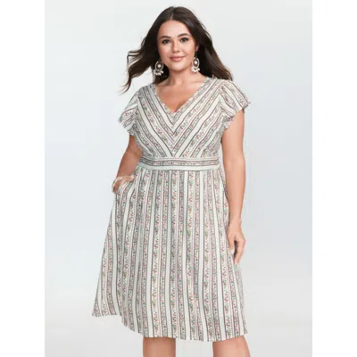 Bloomchic Women's Plus Size Floral Striped Print Pockets V-neck Mini Dress Multicolor Stripes Knee Vacation 30