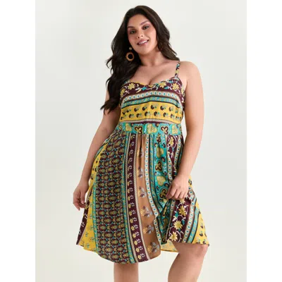 Bloomchic Women's Plus Size Floral Striped Print Shirred Mini Dress Multicolor Ethnic Floral Midi Vacation Smo