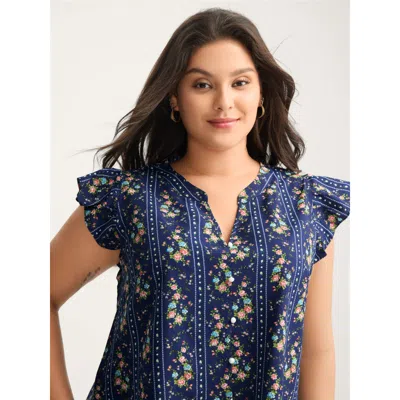 Bloomchic Women's Plus Size Floral Stripes Flutter Sleeve Blouse Darkblue Floral Elegant Short Sleeve V-notch  In Blue