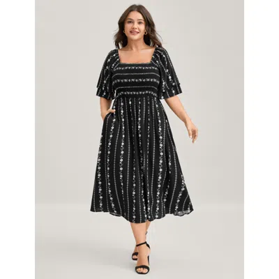Bloomchic Women's Plus Size Floral Stripes Layered Ruffle Sleeve Midi Dress Black Ditsy Floral Midi Elegant Sm
