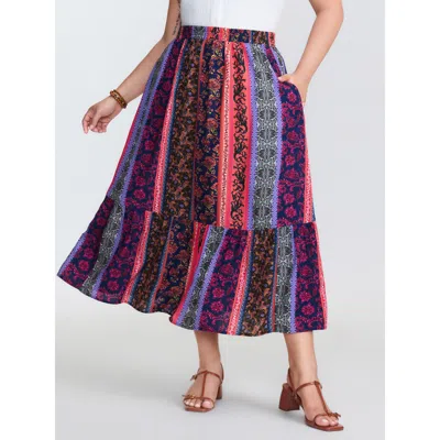 Bloomchic Women's Plus Size Floral Stripes Tiered Maxi Skirt Multicolor Lace-up Flared Vacation 10/m