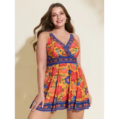 Bloomchic Women's Plus Size Floral Surplice Neckline Pockets Swim Dress Amber Floral Adaptive-fit 22-24/3x In Orange