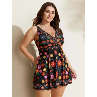 Bloomchic Women's Plus Size Floral Surplice Neckline Pockets Swim Dress Black Floral Adaptive-fit 10/m