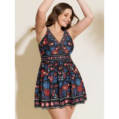 Bloomchic Women's Plus Size Floral Surplice Neckline Pockets Swim Dress Blackflower Floral Adaptive-fit 18-20/