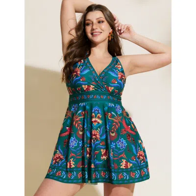 Bloomchic Women's Plus Size Floral Surplice Neckline Pockets Swim Dress Cyan Floral Adaptive-fit 22-24/3x In Blue