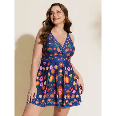 Bloomchic Women's Plus Size Floral Surplice Neckline Pockets Swim Dress Darkblue Floral Adaptive-fit 12/l In Blue