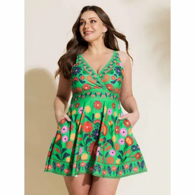 Bloomchic Women's Plus Size Floral Surplice Neckline Pockets Swim Dress Emerald Floral Adaptive-fit 22-24/3x In Green