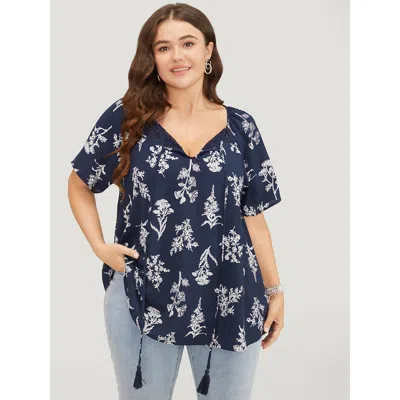 Bloomchic Women's Plus Size Floral Tassels Tie Neck Contrast Lace Blouse Indigo Dailywear Short Sleeve 10/m In Purple