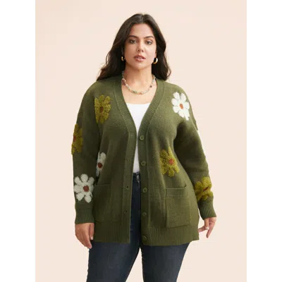 Bloomchic Women's Plus Size Floral Texture Slit Hem Patch Pocket Cardigan Armygreen Long Sleeve 14-16/1x