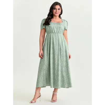 Bloomchic Women's Plus Size Floral Texture Square Neckline Party Maxi Dress Turquoise Party Tall Smocked Squar In Blue