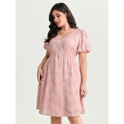 Bloomchic Women's Plus Size Floral Textured Bubble Sleeve Mini Dress Nudepink Party Knee Length Jacquard V-nec