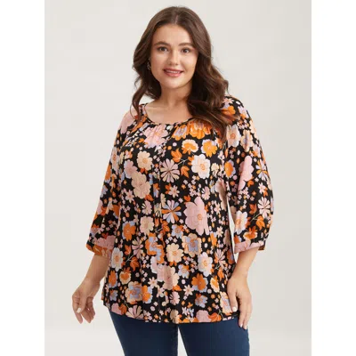 Bloomchic Women's Plus Size Floral Textured Button Placket Blouse Black Floral Elegant 3/4 Sleeve 10/m